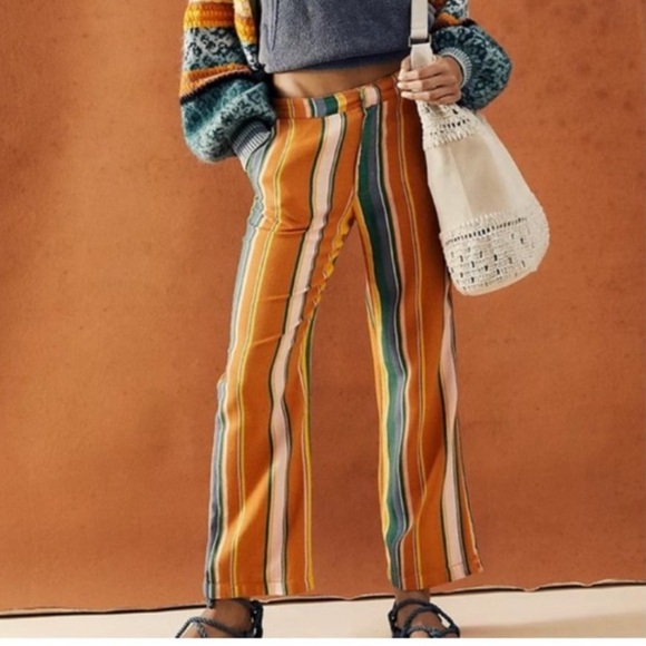 FREE PEOPLE La Paz Striped Cotton Blend Slim Kick Flare Beach Pants Size 0 - Picture 1 of 14